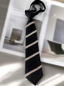 Black Rhinestone Diagonal Stripe Knotless Tie, Unisex Versatile Korean Style Fashion School Uniform Stage Performance Accessory - Black - View 1