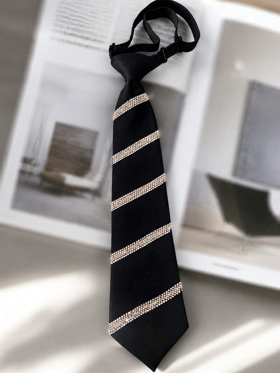 Black Rhinestone Diagonal Stripe Knotless Tie, Unisex Versatile Korean Style Fashion School Uniform Stage Performance Accessory - Black - View 1