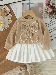2pcs Infant/Toddler (Girl) Sweet Large Bow Knitted Long Sleeve Top & White Skirt Set, Thin Fabric, Spring/Autumn, Preppy Style - Apricot - View 1
