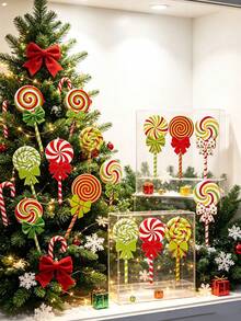 8pcs Large Red & Green Lollipop Christmas Tree Decorations, Double-Sided Lollipop Christmas Tree Picks, Suitable For Green Christmas Decor - A - View 2