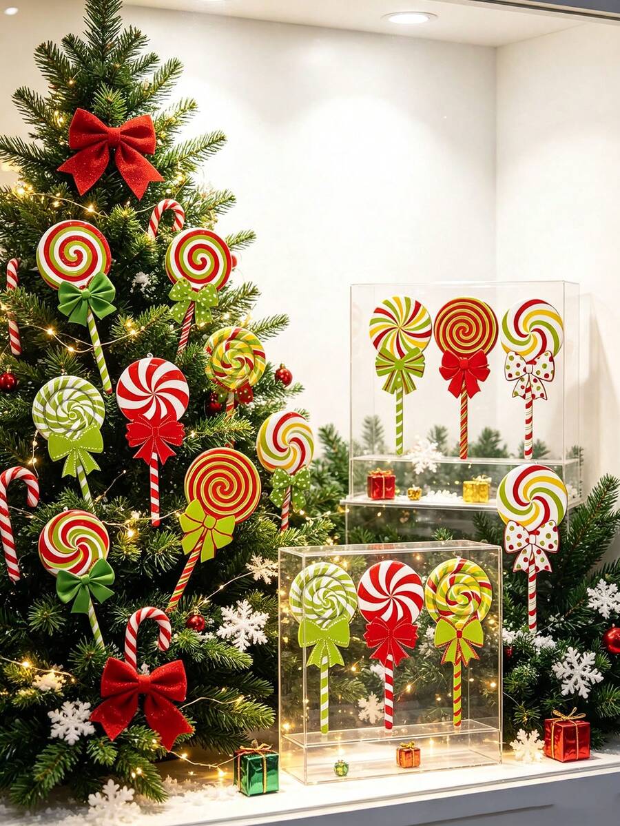 8pcs Large Red & Green Lollipop Christmas Tree Decorations, Double-Sided Lollipop Christmas Tree Picks, Suitable For Green Christmas Decor - A - View 1