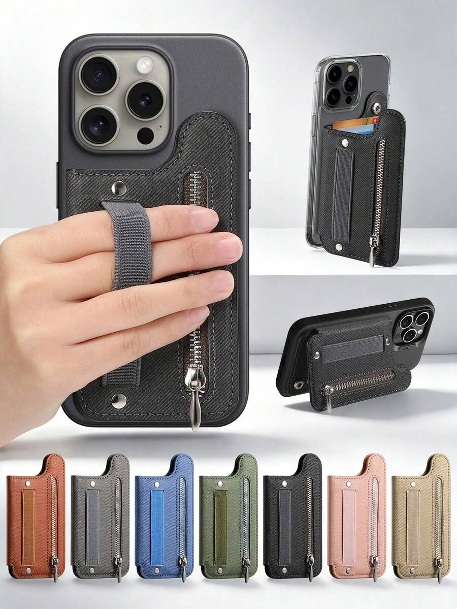 Casing Ponsel Lipat Multifungsi dengan Desain Dompet Resleting Portabel | Termasuk Tali Pergelangan Tangan, Dapat Menampung Banyak Kartu dan Fungsi Penyangga Meja, Tempat Kartu, Dompet Kecil, Slot Kartu Casing Ponsel, Dompet Ponsel, Penyangga Ponsel Perekat
