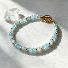 1Pc Handcrafted Cylindrical Tube Bead Aquamarine Natural Stone Bracelet, Pale Blue Translucent Stones, Fresh Minimalist Stackable Jewelry For Women - Aquamarine - View 5