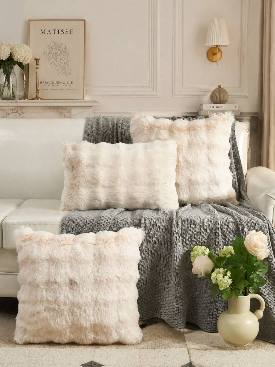 1pc Beige Decorative Faux Fur Pillow Case (Without Filling), Modern Flannel Plush Pillow Case, Zipper Closure, Suitable For Home, Sofa, Living Room - Beige - View 1