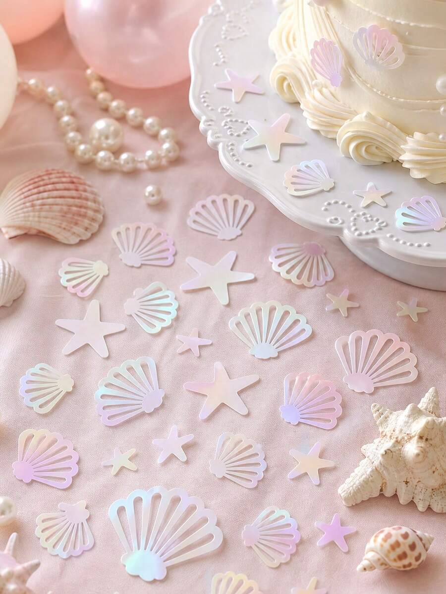 100pcs Pearl Powder Mermaid Shell Sequin Confetti, Birthday Decoration, Includes Starfish And Ocean Theme Table Decor, Suitable For Christmas, Halloween - Multicolor - View 1