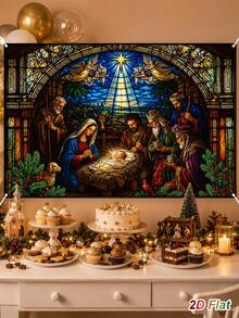1pc Christmas Glowing Backdrop Cloth With Birth Of Jesus Design, Merry Christmas Hanging Background Cloth, Photo Booth Backdrop, Holiday Party Backdrop Banner, Christmas Decoration, Xmas Decor, Winter Home Decor - Multicolor - View 5