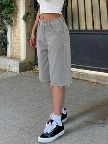 Shorts vaqueros bermudas desgastados y deshilachados de estilo casual de verano - Gris Claro - Ver 4