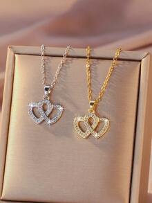 1 pieza/Collar de moda para mujer, estilo real elegante, aleación con circonita transparente incrustada, colgante de doble corazón entrelazado, accesorio versátil de doble color oro y plata para playa, vacaciones, viajes, regalo de San Valentín y citas, joyería de cuello - Multicolor - Ver 2