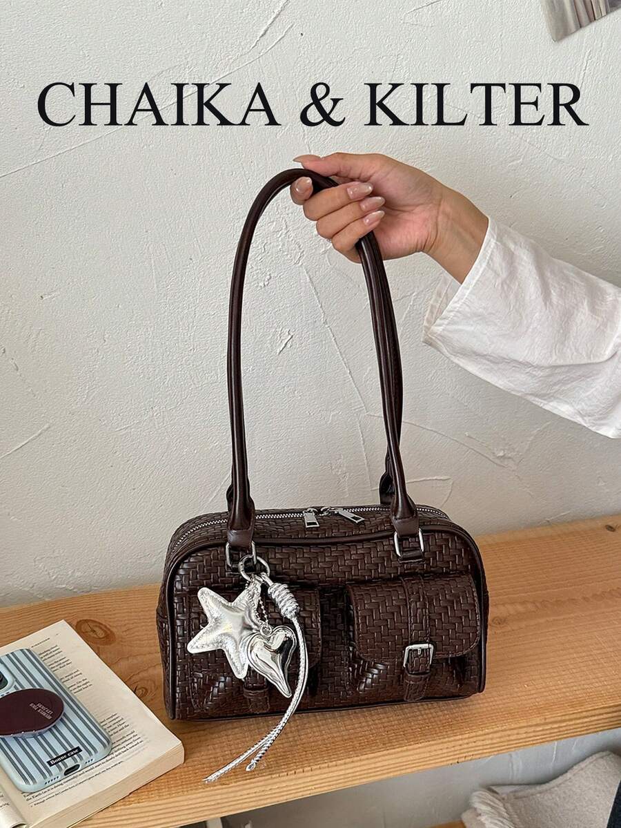 CHAIKA & KILTER 1件裝純色PU布料女款時尚多口袋大容量波士頓保齡球肩背包，全表面紋理拉鍊開合，適合日常與街頭使用（附吊飾）
