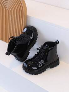 1 Pair Children's Shiny Leather Lace-Up Ankle Boots, Thick Sole, Fashionable Versatile Outdoor Wear, Anti-Slip, Autumn/Winter - Black - View 6