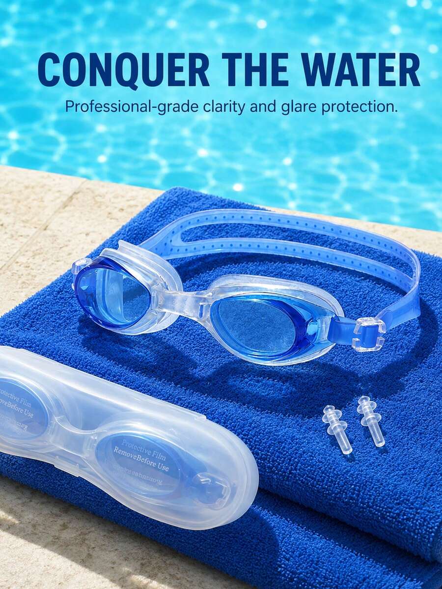 1pc Boxed High Definition Anti-Fog Swimming Goggles, Unisex Waterproof Swim Goggles With Adjustable Soft Silicone Strap, Comfortable Fit Leak-Proof Design, Large Field Of View Clear Lens, Includes Earplugs And Portable Storage Case, Suitable For Swimming Training, Fitness, Pool, Beach And Water Sports - Swimming Goggles - View 1