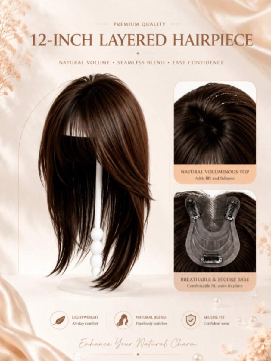 Real Human Hair 12 Inches Invisible Swiss Net Hair Piece Straight Topper Volume Enhancer Hidden Crown Extension For Thinning Hair Clip-In For Women - Light Brown - View 1