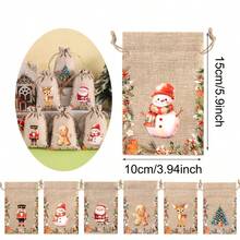1/6/12/24pcs Festive Christmas Jute Burlap Gift Bags With Drawstring Closure - Watercolor Santa, Snowman, Nutcracker, Gingerbread For Man & Reindeer Designs, Rustic Linen Fabric For Holiday Party Favors, Treat Bags, Jewelry Storage & Xmas Decorations - Multicolor - View 6