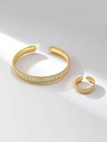 2pcs Fashion Minimalist Rhinestone Inlaid Bracelet & Ring Set, Suitable For Women's Daily Wear - Gold - View 4