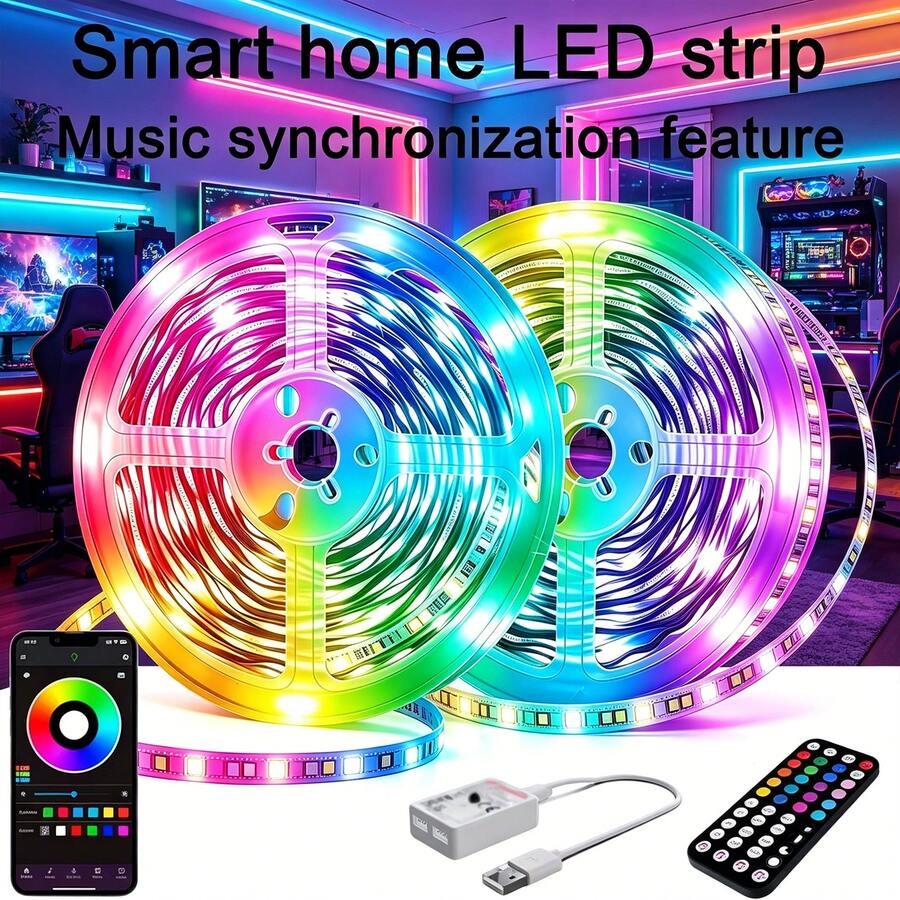 2 Rolls Bedroom LED Light Strip, RGB Color Changing, APP Remote Control, Music Sync, Cuttable USB LED Light Strip, Suitable For Gaming Room, TV Backlight And Holiday Wall Decoration