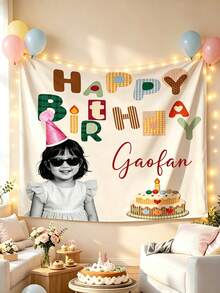 Birthday Banner Background Wall, Customizable Name/Text And Photo Tapestry, Hand-Painted Happy Birthday Sign, Suitable For Party Decoration, Photo Backdrop, Fabric Decor - Multicolor - View 6
