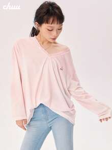 CHUU Printed Gradient T-Shirt Women Autumn Dopamine Lace Patchwork Sheer V-Neck Long Sleeve Top - Baby Pink - View 4