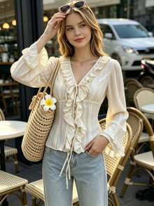 Blus Wanita Elegan Romantis Vintage Fashion untuk Perjalanan, Bergaris, Bertekstur Chiffon Jacquard Tulle, Leher V, Plaket Berkerut, Lengan Panjang, Gaya Bohemian yang Mengalir, Atasan Serbaguna Sempurna untuk Musim Semi dan Gugur - Aprikot - View 5