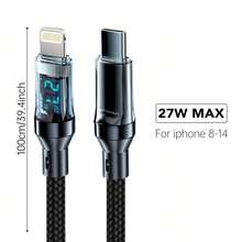 Setolgh Cabo de Carregamento Rápido PD 27W com Display LCD e Carcaça Transparente, Transferência de Dados, Cabo USB A Tipo-C para Lightning para iPhone 14 Pro Max/13/12 - Preto - Visão 4