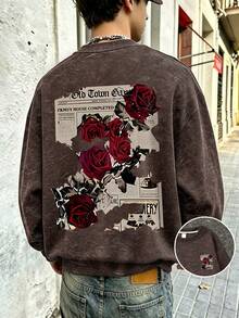Vintage Streetwear Boy's Sweatshirt, Torn Newspaper & Red Rose Front And Back Print, Washed Style, Autumn/Winter Campus Top - Brown - View 1