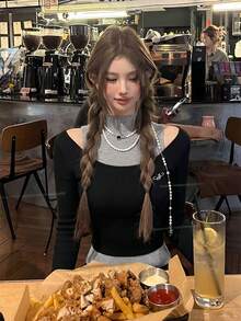 Autumn/Winter Korean Style Sweet Knit Top Sweater + Grey Vest 2pcs Set Women Casual Colorblock Mock Neck Layered College Style Embroidered Long Fall - Dark Grey - View 8
