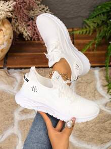 Spring/Summer New Women's White Mesh Athletic Shoes, Breathable Non-Stuffy Soft Sole Lightweight Sports Shoes, Versatile Lace-Up Casual Running Shoes For Daily Commute - White - View 1