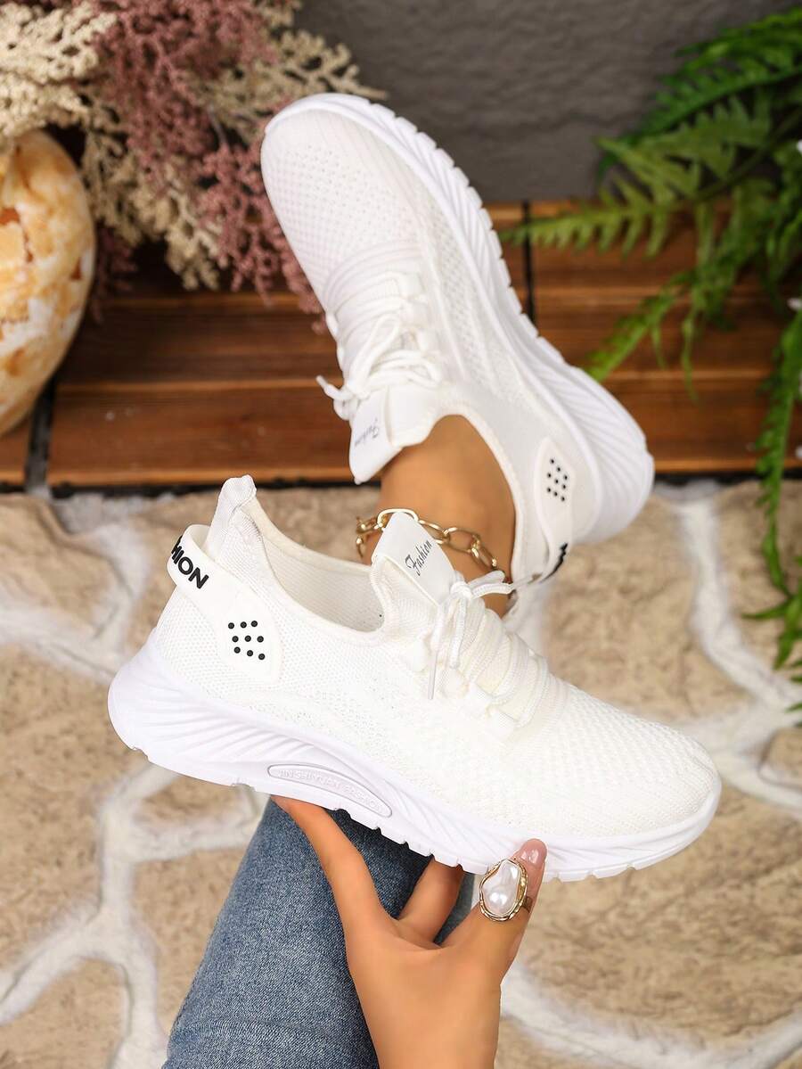 Spring/Summer New Women's White Mesh Athletic Shoes, Breathable Non-Stuffy Soft Sole Lightweight Sports Shoes, Versatile Lace-Up Casual Running Shoes For Daily Commute - White - View 1