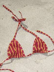 Women's 2 Pieces Red And Beige Striped Halter Bikini Swimsuit, Perfect For Summer Beach Parties, Vacations, Christmas, And Halloween - Multicolor - View 4
