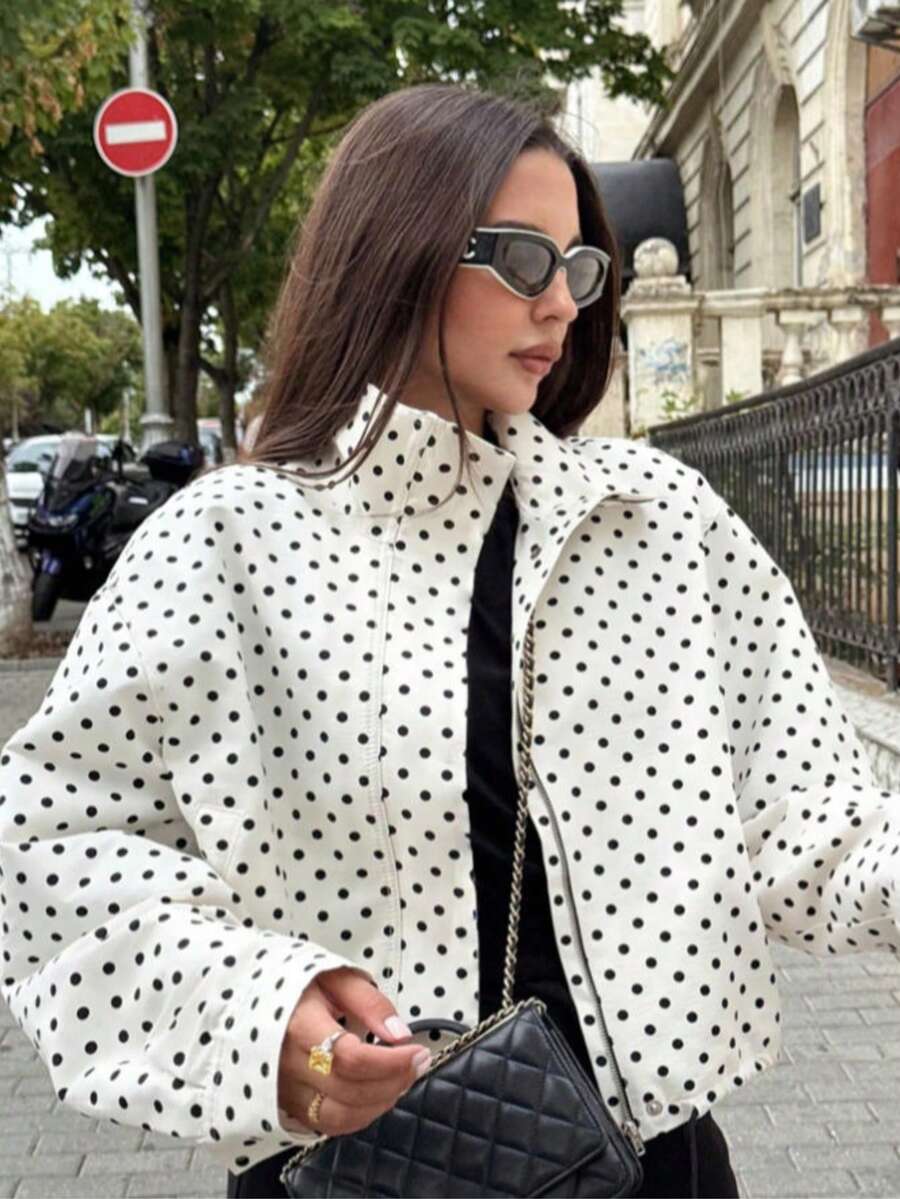 Blogger New Autumn Plus Size Women's Polka Dot Drawstring Loose Fit White Casual Everyday - White - View 1
