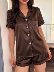 2pcs/Set Women's Spring/Summer Solid Color Satin Pajama Set, Short Sleeve Lapel Top And Bowknot Shorts - Coffee Brown - View 4