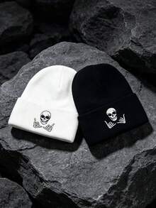 Skeleton Bone Hand Embroidered Cuffed Knit Beanie, Gothic Street Style Warm Winter Hat, Unisex - Multicolor - View 3