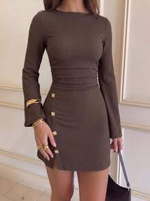 Elegant Women's Ribbed Mini Dress With Gold Buttons, Long Sleeve Round Neck Slim Fit Design, Perfect For Autumn - Brown - View 7