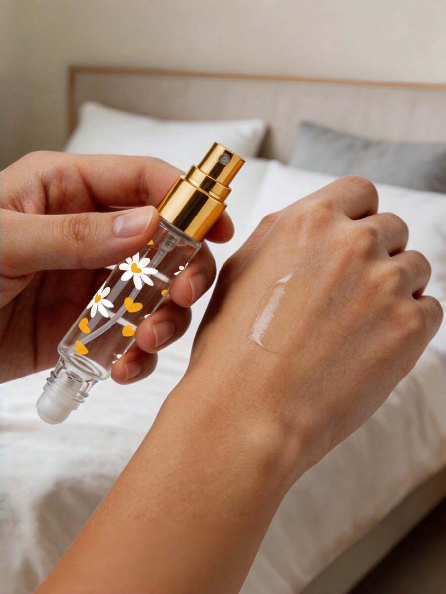 2-In-1 Dual-Head Perfume Refillable Bottle, Roller Ball + Spray Dual Function, Transparent Minimalist Printed Design, Available In Black, Silver, Gold Cap, Leak-Proof And Durable, Suitable For Perfume, Cologne, Essential Oil, Essential For Work, Travel And More