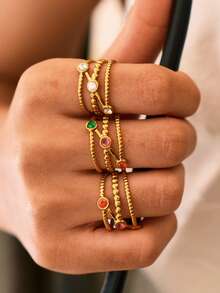 3pcs/1pc 18K Gold Plated Stackable Open Stainless Steel Rings, Colorful Adjustable Stackable Rings For Women, Bohemian Style Waterproof Jewelry Gift - Multicolor - View 1