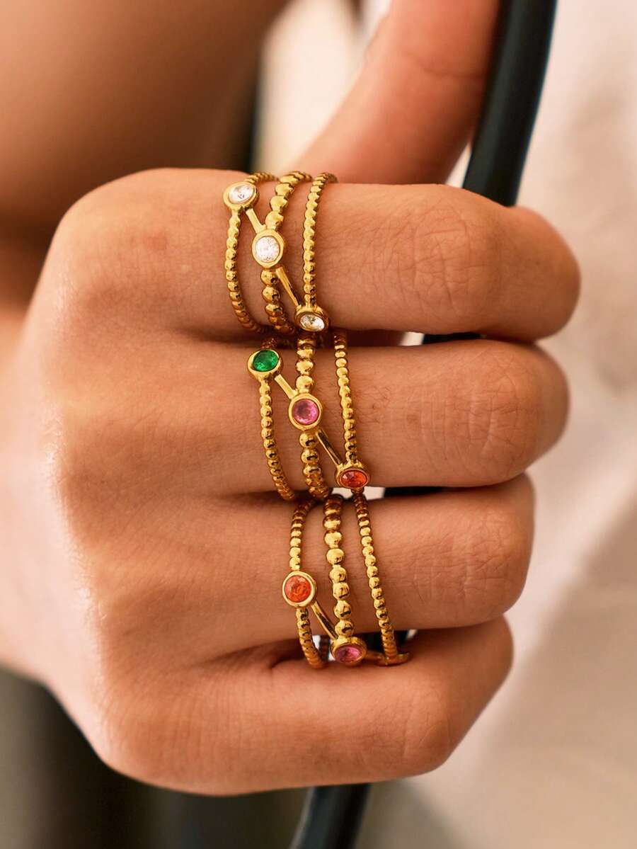 3pcs/1pc 18K Gold Plated Stackable Open Stainless Steel Rings, Colorful Adjustable Stackable Rings For Women, Bohemian Style Waterproof Jewelry Gift - Multicolor - View 1