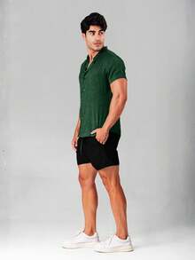Men's Moss Green Dress Shirt, Dunas Fabric, Linen-Like, Short Sleeve, Mandarin Collar - Summer 2026 Shirt - Cool Shirt - Beachwear - 綠色 - 查看 2