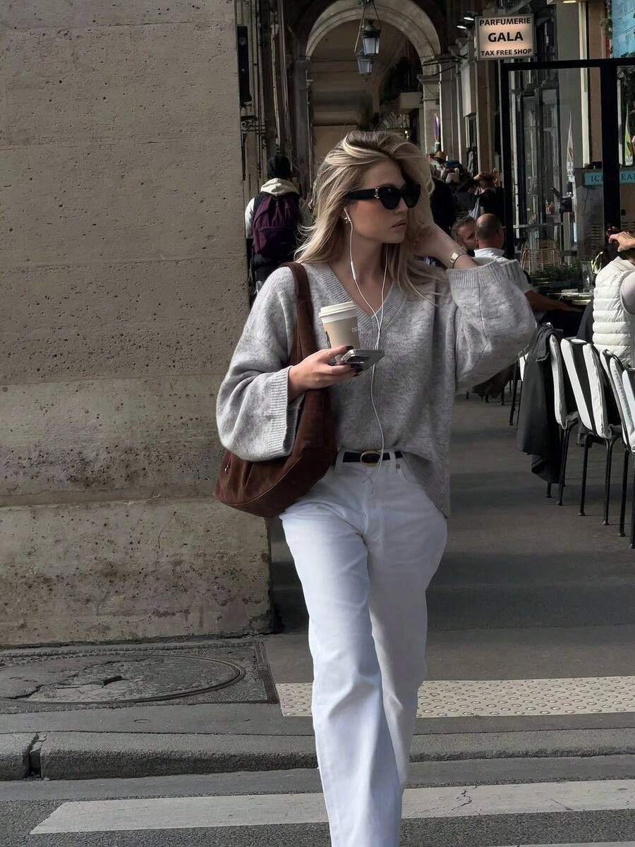FOR BEAUTY Fall Winter Women Knit Tops Y2K Chic Grey V Neck Loose Pullover Sweaters Basic Business Casual Office Workwear Going Out Outfits - Light Gray - View 1