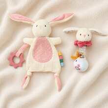 2Pcs Cute Rabbit Baby Comfort Gift Set, Soft Plush Bunny Security Lovey Blanket & Bead Hand Shaker Rattle, Infant Sensory Calming Toy, Ideal Newborn Shower Gift - Multicolor - View 1