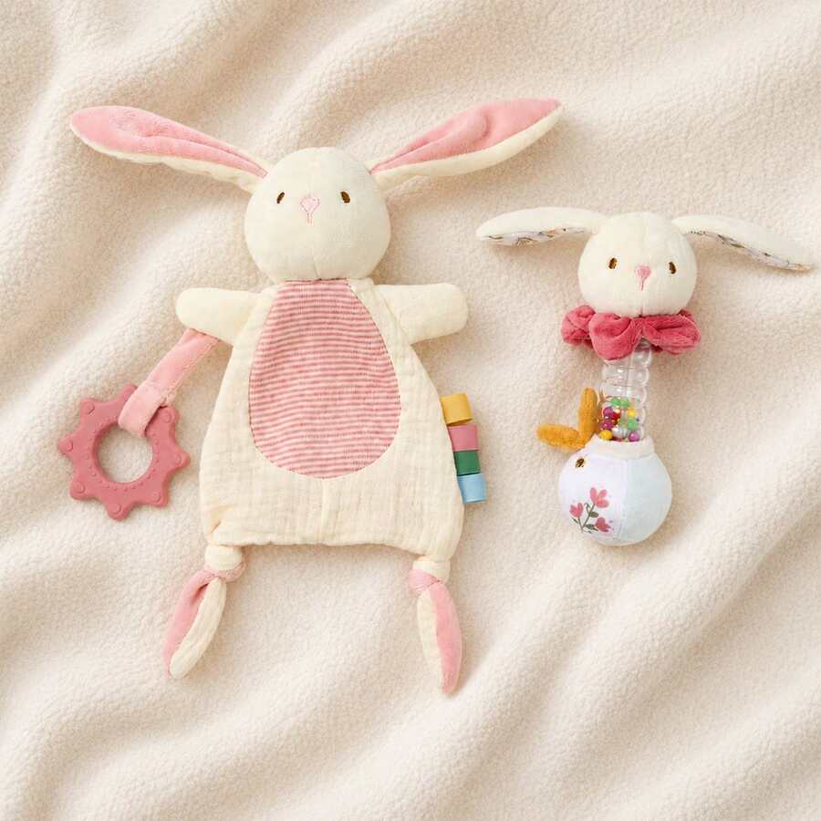 2Pcs Cute Rabbit Baby Comfort Gift Set, Soft Plush Bunny Security Lovey Blanket & Bead Hand Shaker Rattle, Infant Sensory Calming Toy, Ideal Newborn Shower Gift - Multicolor - View 1