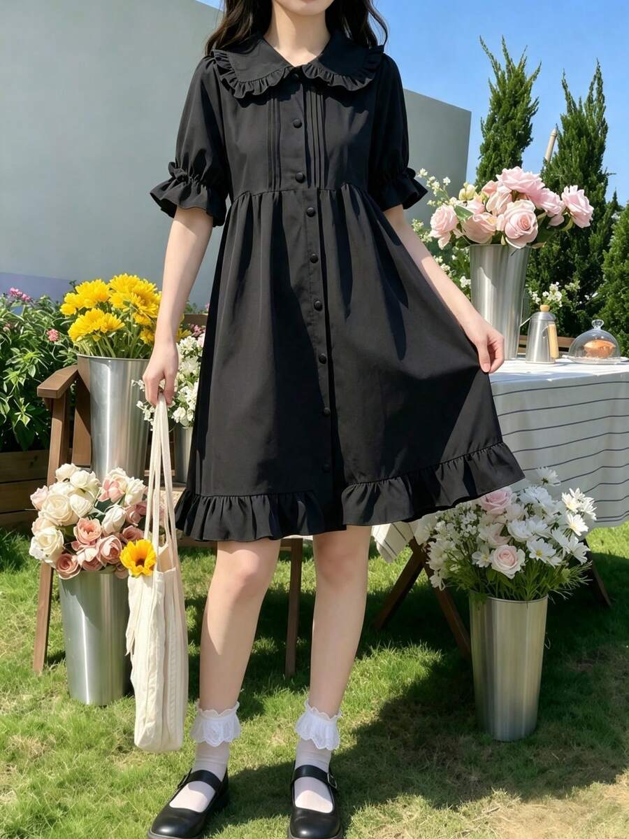 1件蘿莉塔仙女洋裝，夏季彼得潘領結泡泡短袖荷葉邊裙襬女款洋裝，適合日常穿著，黑色