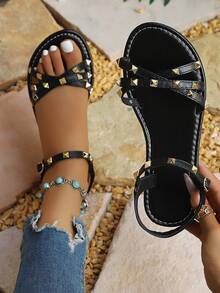 Punk Rivet Cross Ankle Strap Flat Sandals Women Open Toe Roman Summer Beach Shoes Black Rockstud Ankle Wrap - Black - View 1