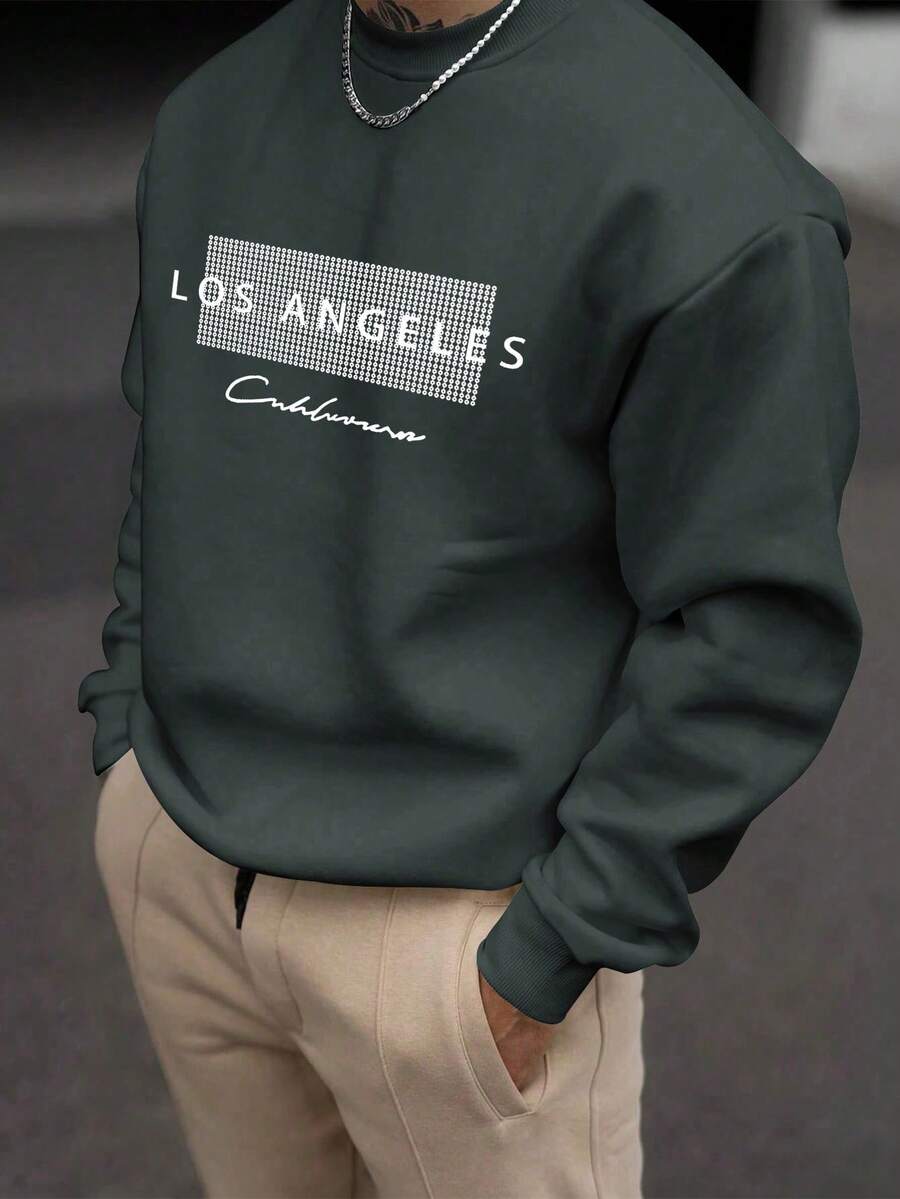 Men's Letter Print Round Neck Long Sleeve Loose Casual Sweatshirt, Spring/Autumn - Dark Grey - View 1