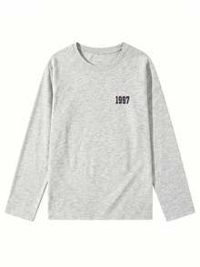 Kaos Lengan Panjang Wanita Gaya Vintage Longgar Serbaguna dengan Motif Cetak Huruf, Model Kasual untuk Musim Semi dan Gugur. - Abu-abu muda - View 8