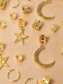 45pcs Gold Large Moon Hair Accessories, Bohemian Cute Hip Hop Hair Clips, Ramadan Festival Gift Party Hair Rings Braid Rings - Gold - View 3