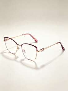 1 Pair Women's Cat Eye Metal Frame Charming Elegant Exquisite Plano Glasses, Suitable For Reading, Gaming, Watching TV, Computer And Phone, Unisex Eyewear Accessory - Clear - View 2
