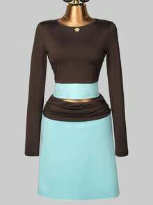 Fall Brown Set For Women Back To School Long Sleeve And Skirt 2 P[Iece Set Date Night Chic Going Out Outfit - Brown - View 6