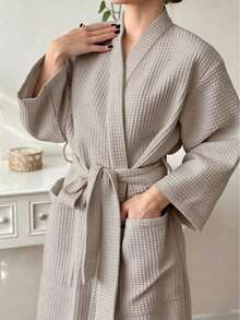 Unisex Waffle Knit Kimono Style Bathrobe, Absorbent Quick-Dry Soft, Loose Long Sleeve V-Neck, With Adjustable Waist Belt, Suitable For All Seasons, Hotel Spa Home Essential - Multicolor - View 1