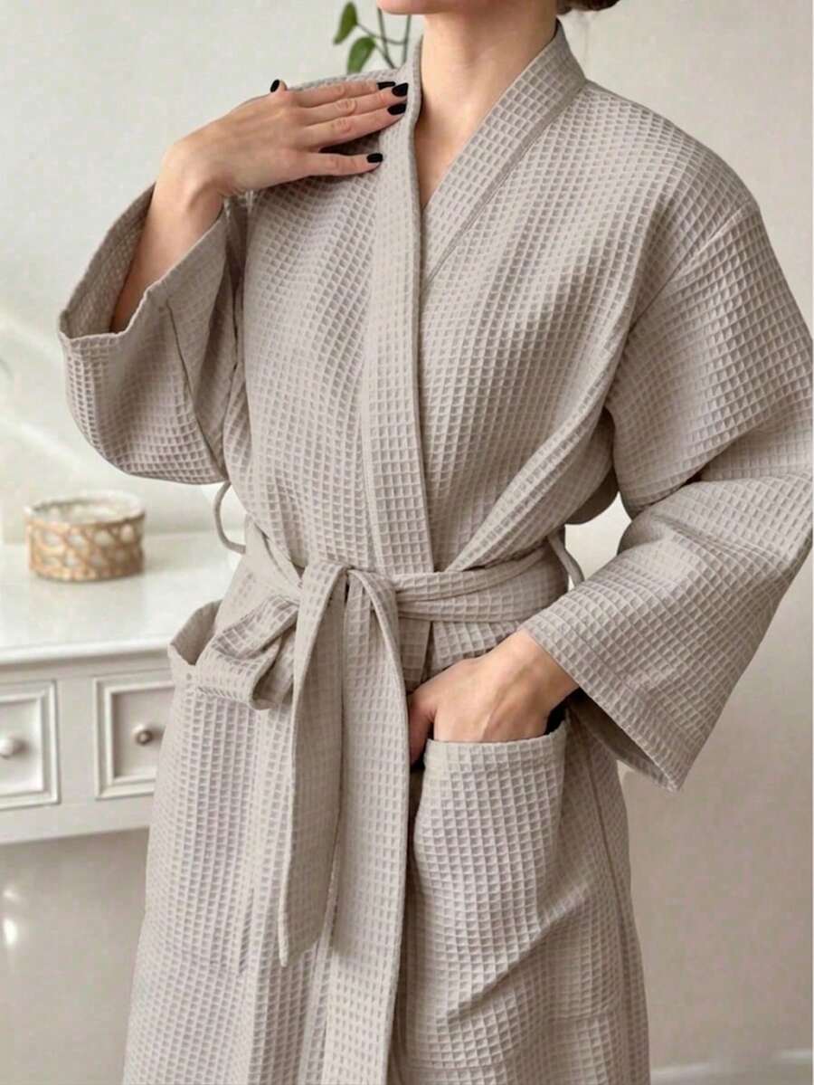 Unisex Waffle Knit Kimono Style Bathrobe, Absorbent Quick-Dry Soft, Loose Long Sleeve V-Neck, With Adjustable Waist Belt, Suitable For All Seasons, Hotel Spa Home Essential - Multicolor - View 1