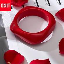 GNIT European And American Style Solid Bright Red Resin Bracelet, Asymmetrical Twisted Wide Acrylic, Popular Layered Jewelry - Wine Red Round + Twisted Red + Twisted Red - View 2