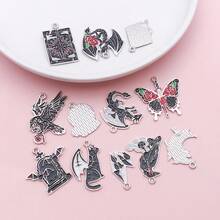5/12pcs Vintage Gothic Dark Alloy Enamel Charms, Dragon Raven Bat Occult Floral Sword Pendants For Jewelry Keychain Bag Ornament DIY Craft Accessories - Multicolor - View 8